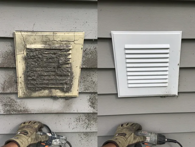 Waxhaw Dryer Vent Cleaning technician installing high-quality dryer vent cover at a residential property in Waxhaw